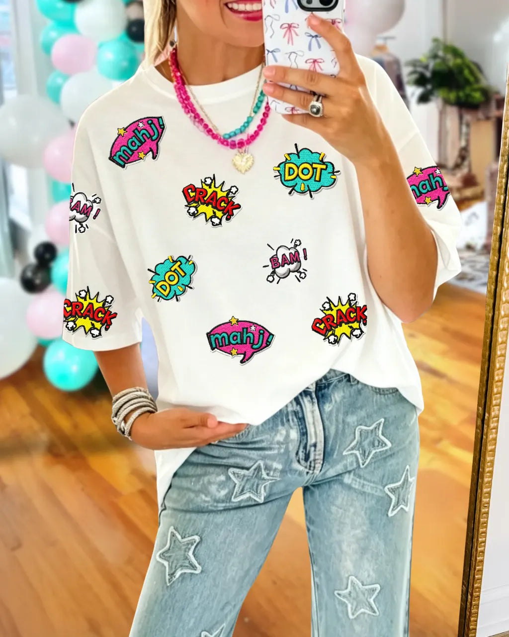 Mahjong-themed Slogan Embroidered Tee