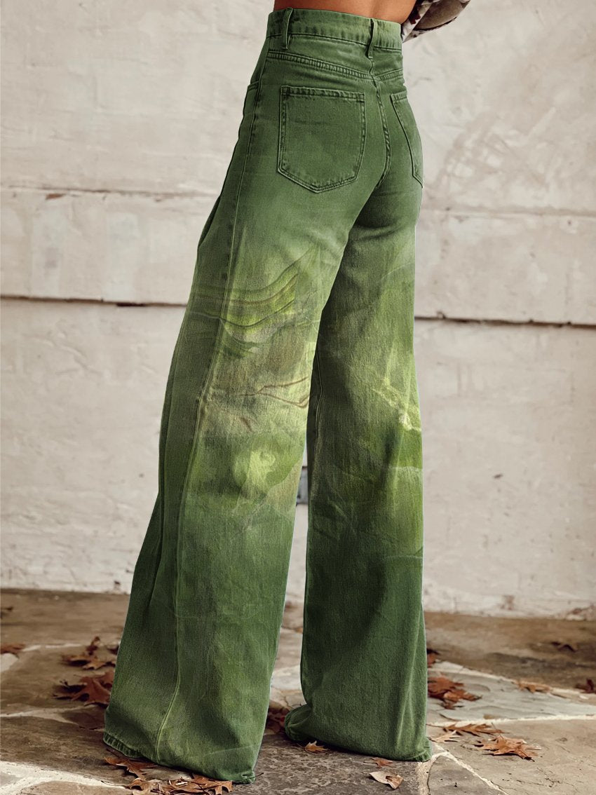 Women's Retro Green Gradient Old Texture Print Casual Wide Leg Pants