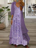 Women's Long Sleeve V-neck Floral Printed Two Pieces Maxi Dress