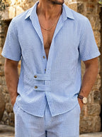 Casual Vertical Stripe Textured Shirt Pants Set