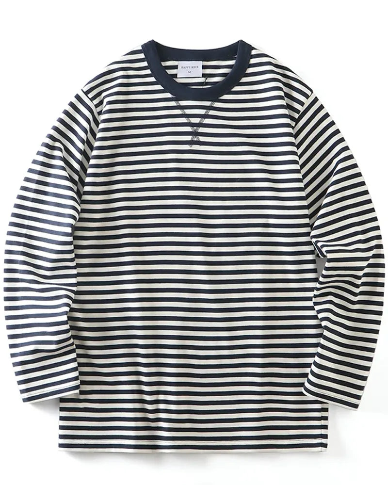 Vintage Nautical Horizontal Stripe X-Stitch Crew Neck Long Sleeve Sailor Tee