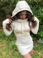 The Lotus - Portal Dress / Cotton Natural Cowl Hooded Dress with Pockets/ Sacred Geometry