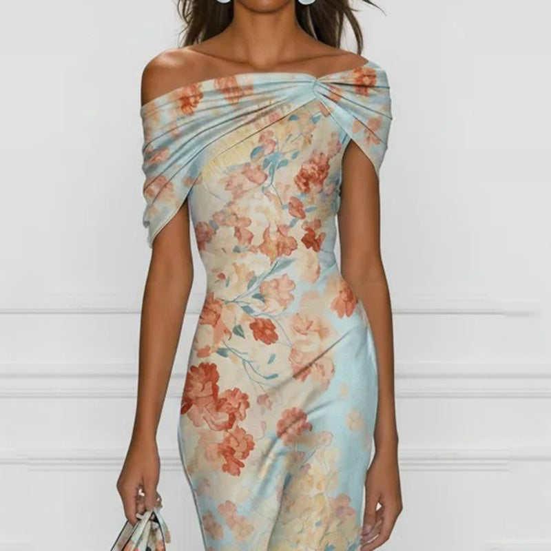 Elegant Off Shoulder Short-sleeved Floral Dress