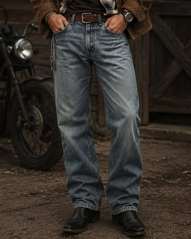 Vintage Faded Medium©\Wash Relaxed Bootcut Western Biker Denim Jeans