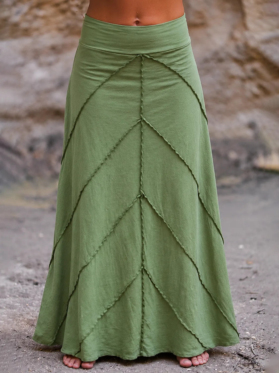 Twill Patchwork High-Waist Flared Maxi Skirt