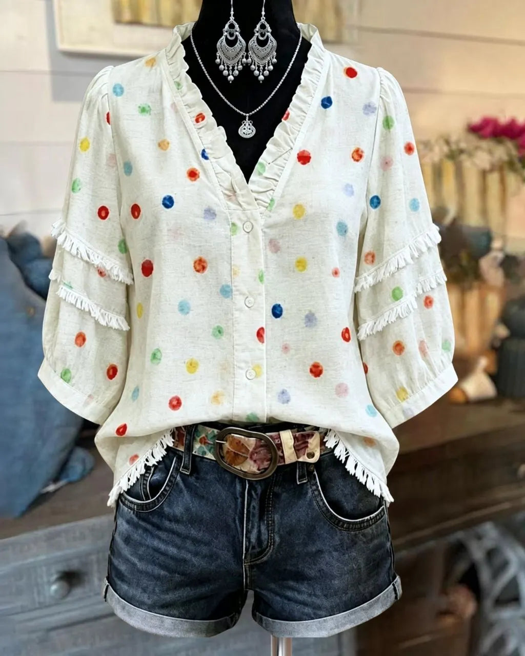 Multicolor Polka-Dot Cotton-Linen Top
