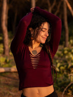 Boho Macrame Strappy Back Crop Top - Long Sleeve Cut-Out Festival Top