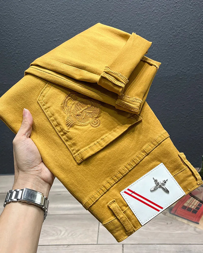 Vintage Mustard Yellow Distressed Slim Tapered Denim Jeans