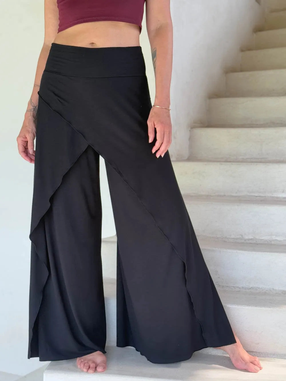 Bohemian Resort High-Waist Wrap Slit Draped Wide Leg Pants