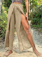 Wrap-Style Wide Leg Pants with Side Slit ¨C Cotton Linen Blend