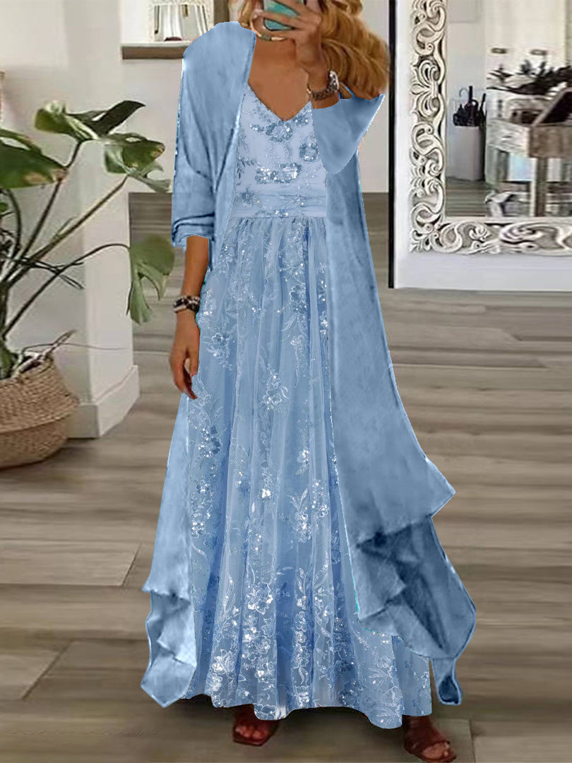 Nextmacys-Women's Long Sleeve V-neck Graphic Printed Two Pieces Maxi Dress
