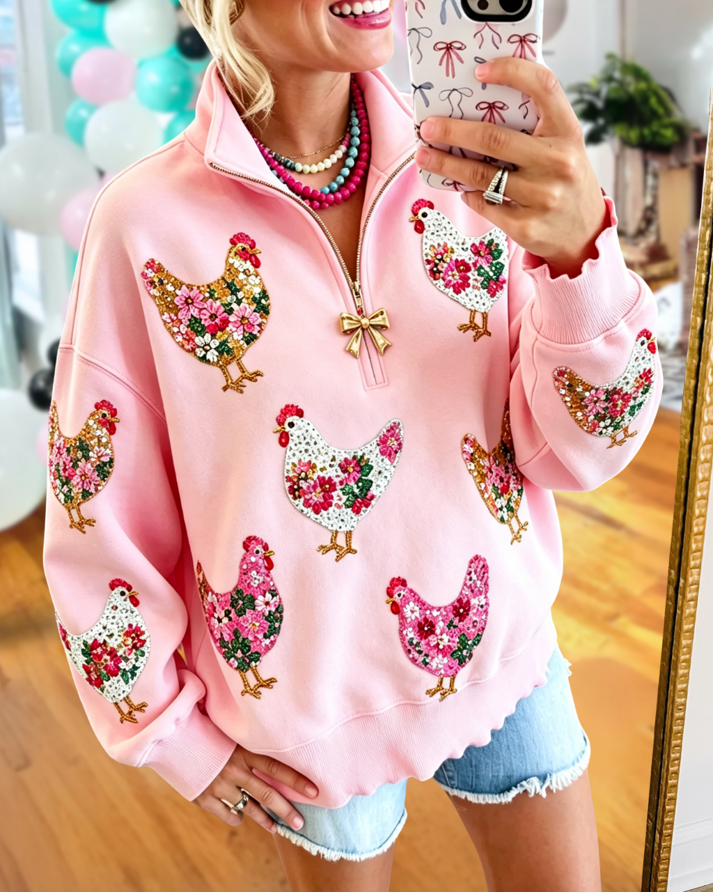 Rooster Floral Sequined Half-zip Pullover