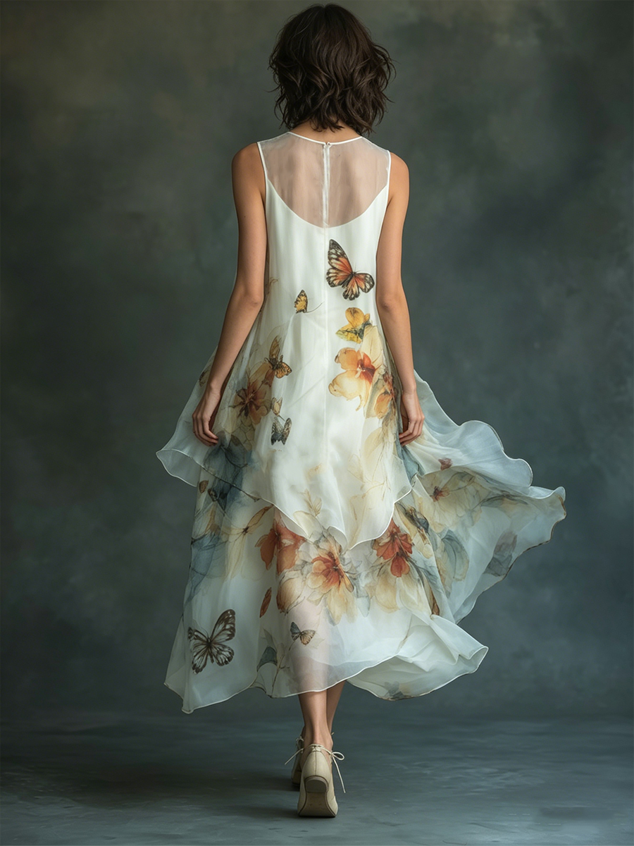 Organza Butterfly-Print Round-Neck Sleeveless Midi Dress