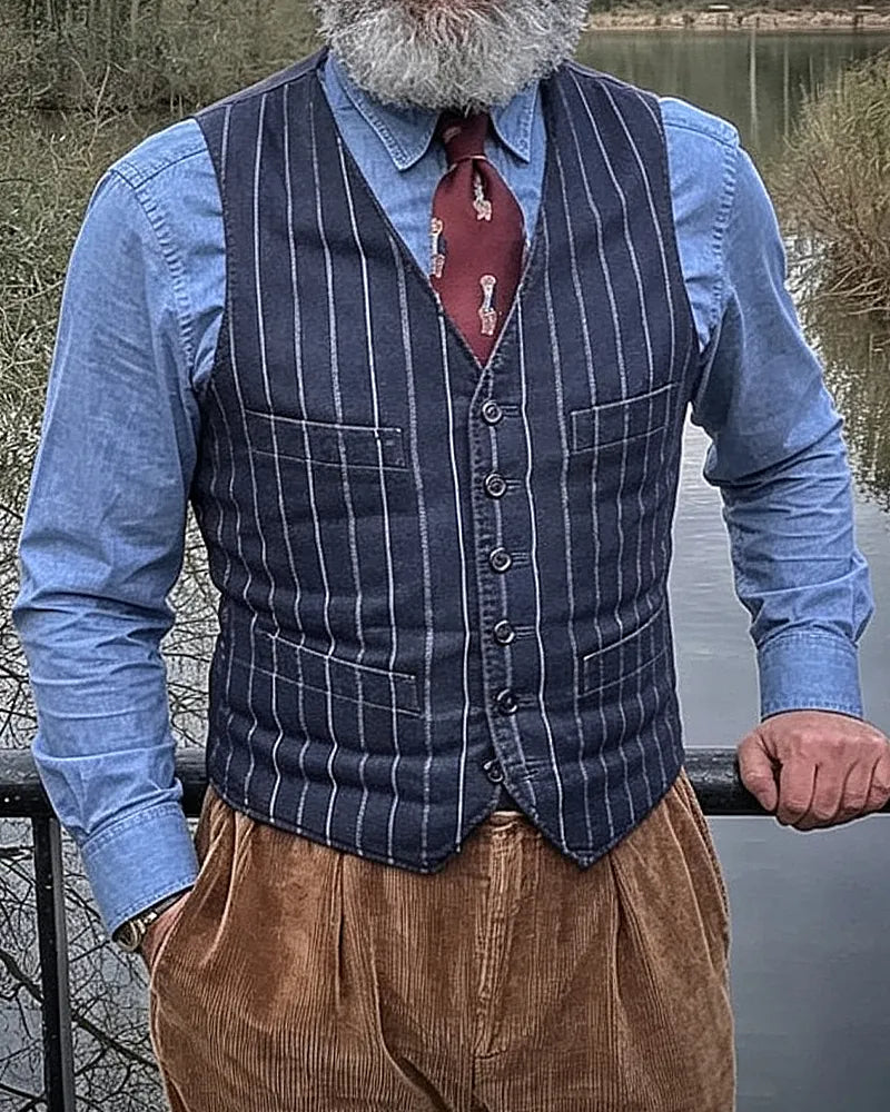 Vintage Navy Blue Striped V-neck Vest