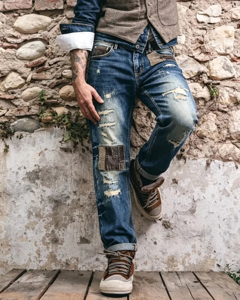Vintage Faded©\Blue Boro©\Patchwork Multi©\Rip Denim Jeans