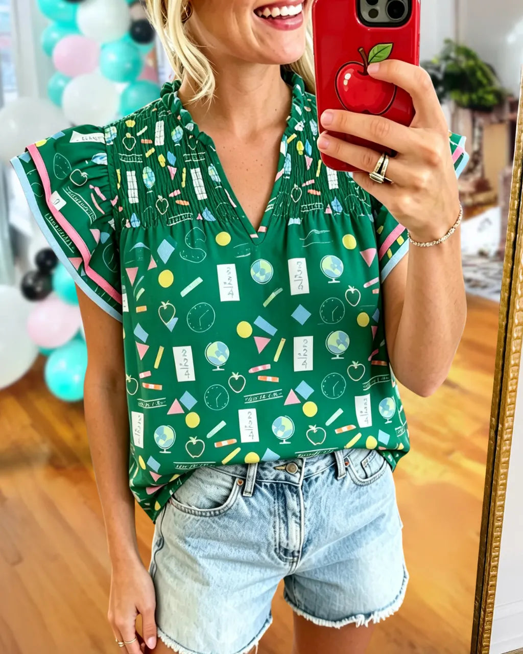 School Supplies Pleated V-neck Top