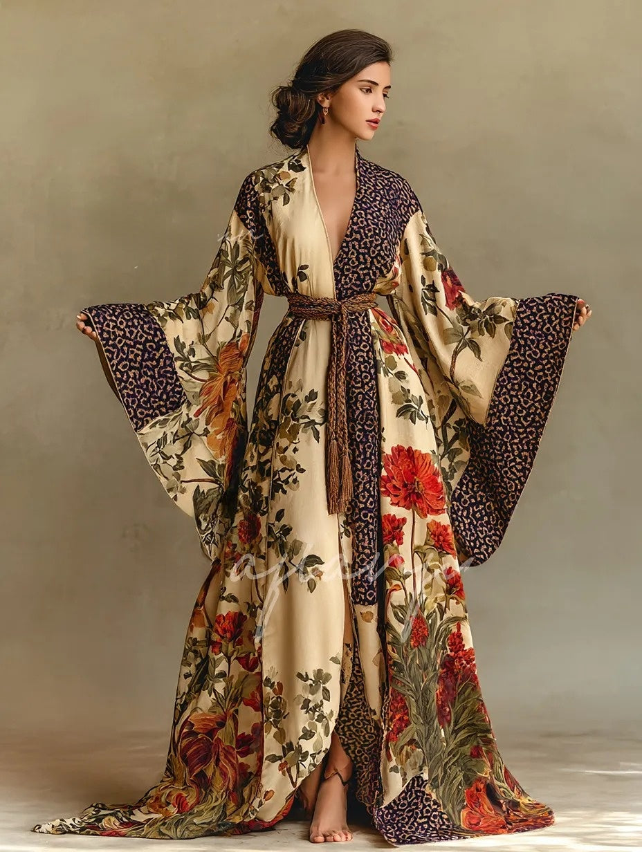 Women's Flower Kimono Linen Robe (Including Belt)