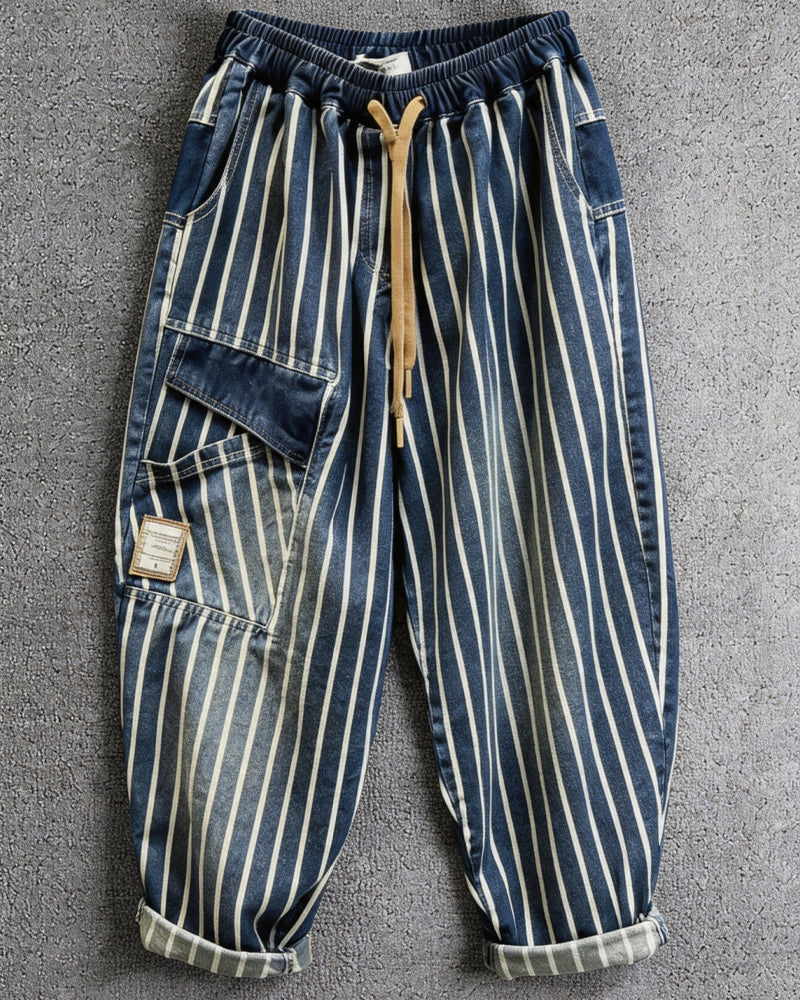 Vintage Loose Elastic Waist Vertical Stripe Baggy Casual Denim Harem Pants