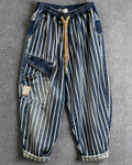 Vintage Loose Elastic Waist Vertical Stripe Baggy Casual Denim Harem Pants
