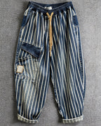 Vintage Loose Elastic Waist Vertical Stripe Baggy Casual Denim Harem Pants