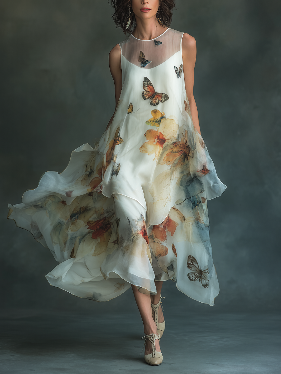 Organza Butterfly-Print Round-Neck Sleeveless Midi Dress