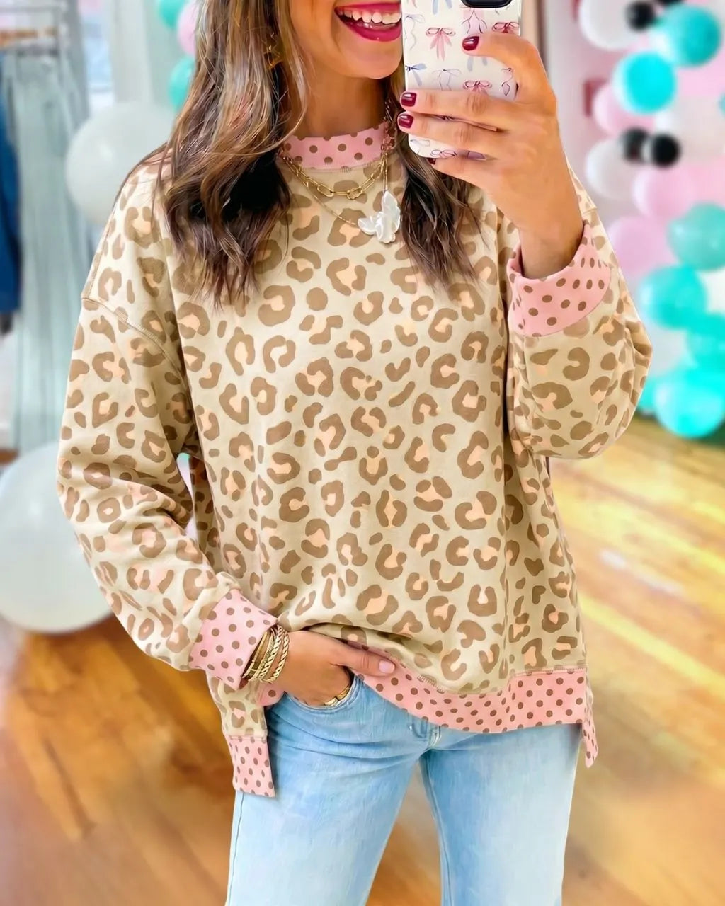 Leopard Polka Dot Trim Sweatshirt