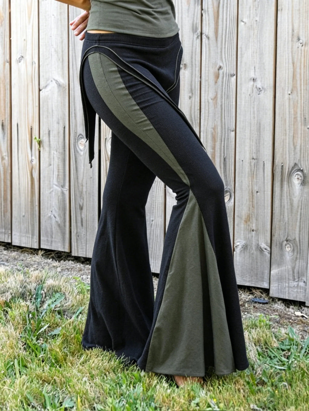 Micro-Flare Skirt Pants with Color-Block Panels and Lace-Up Detail