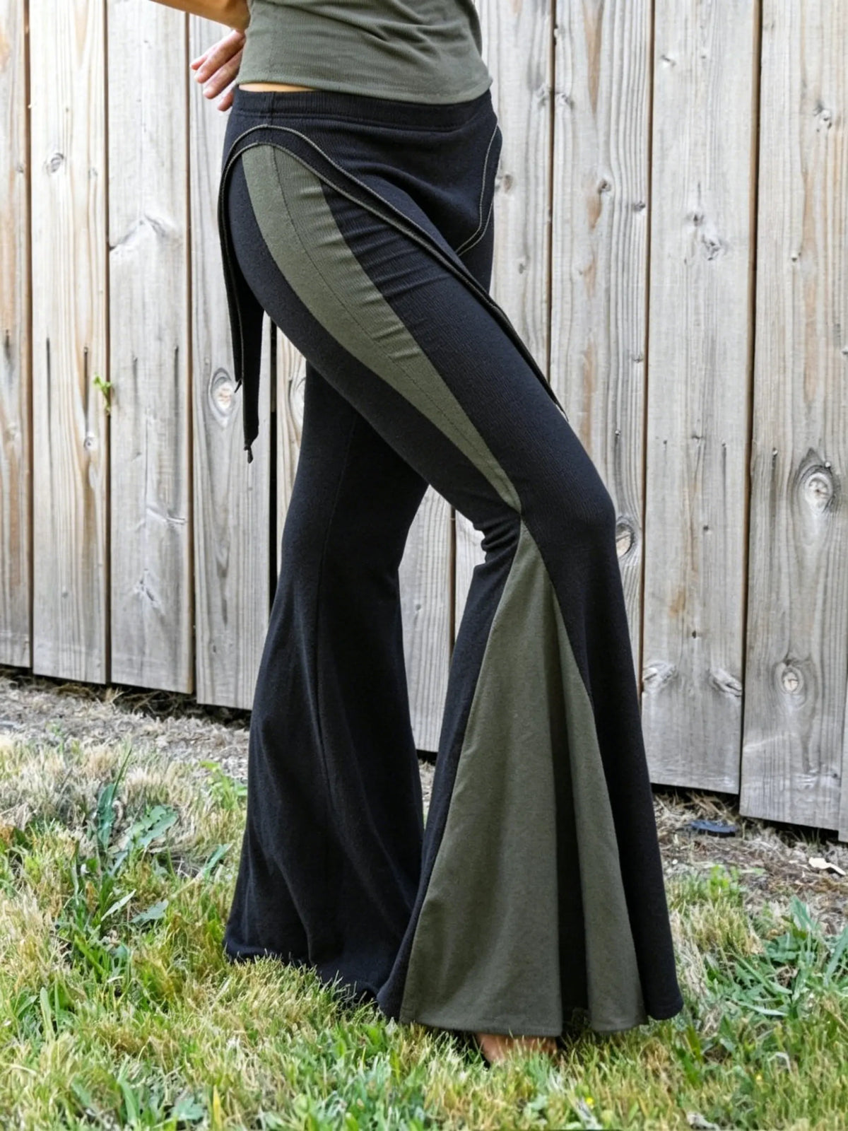 Micro-Flare Skirt Pants with Color-Block Panels and Lace-Up Detail