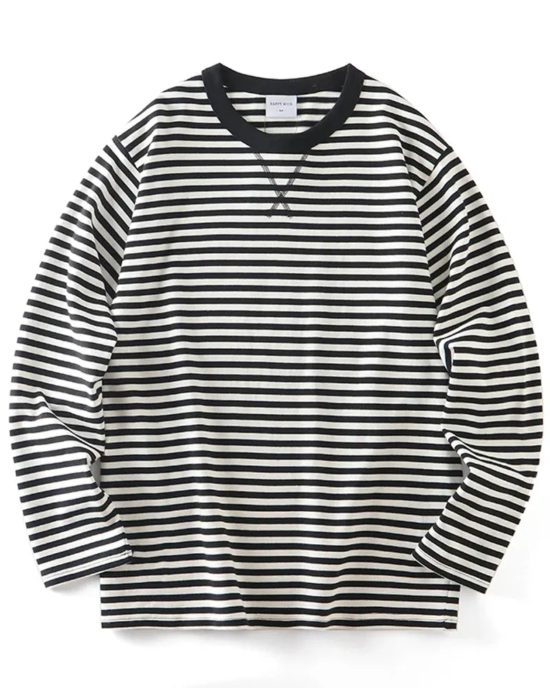 Vintage Nautical Horizontal Stripe X-Stitch Crew Neck Long Sleeve Sailor Tee