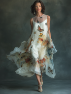 Organza Butterfly-Print Round-Neck Sleeveless Midi Dress