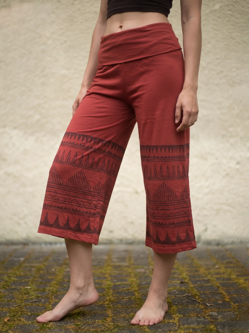 Ethnic Print Fold-Over Waist Cropped Wide Leg Pants