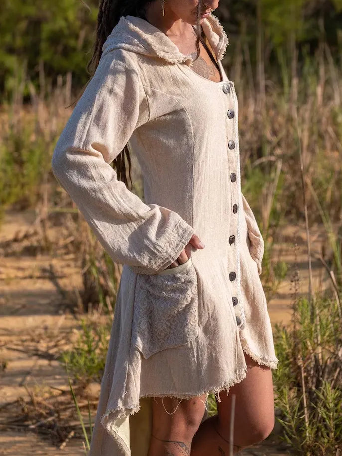 Elven Cotton Hood Jacket: Raw Spring Summer Jacket With Pockets