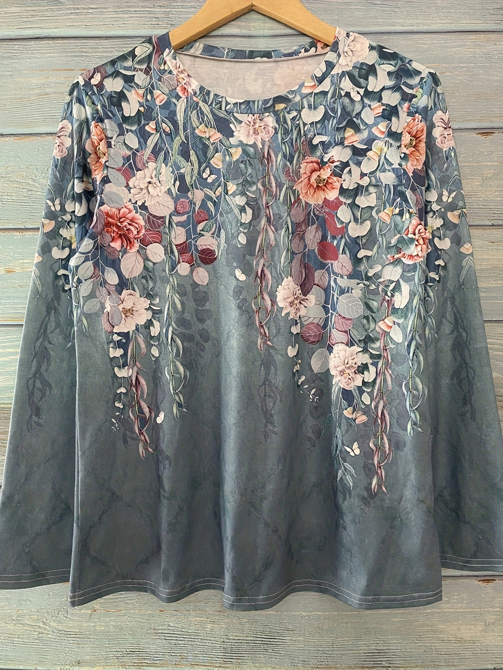 Floral Print Crew Neck T-Shirt, Casual Long Sleeve T-Shirt For Spring & Fall, Women's Clothing