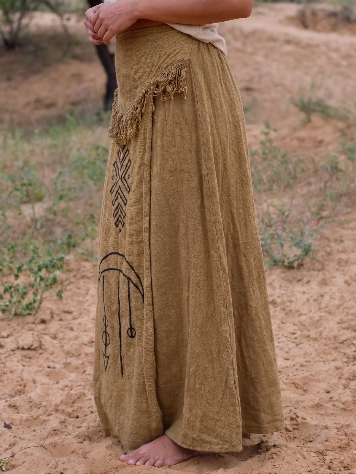 Cotton Linen A-Line Maxi Skirt with Tribal Totem Print and Tassel Waistband