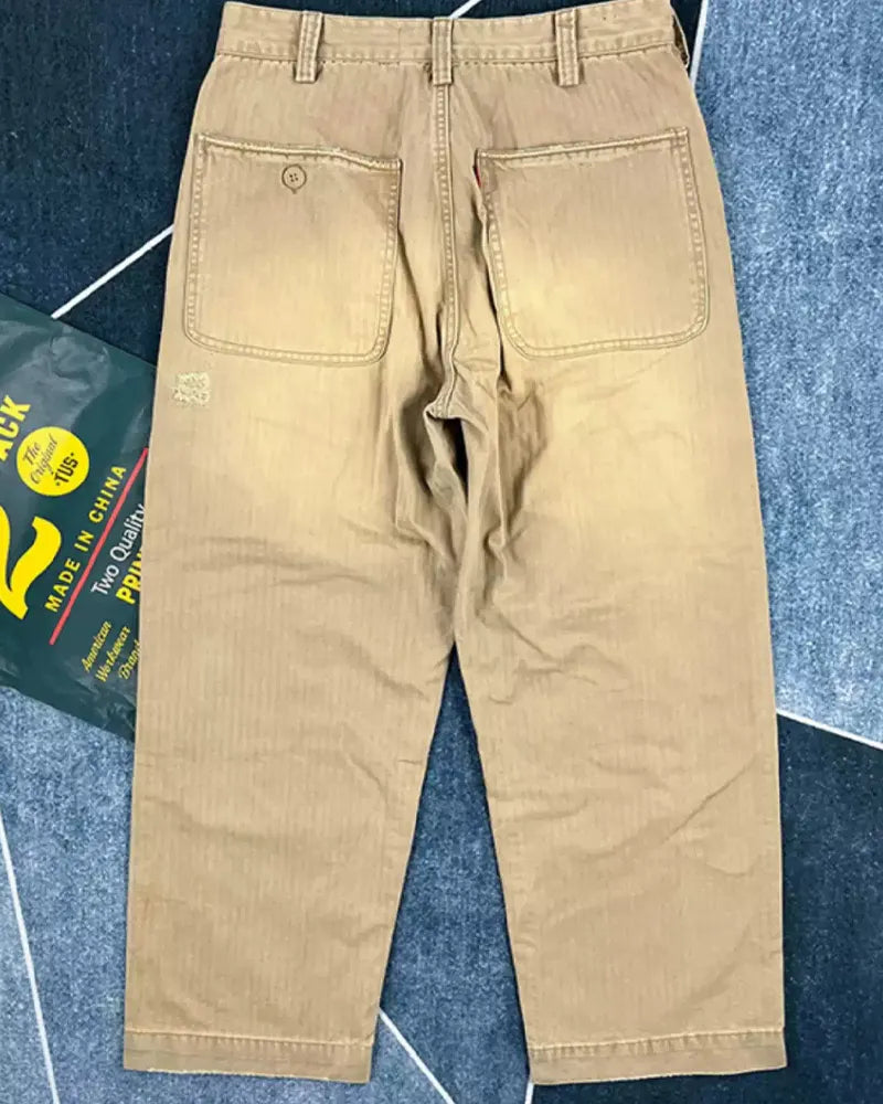 Vintage Khaki Herringbone Twill Straight Military Trousers