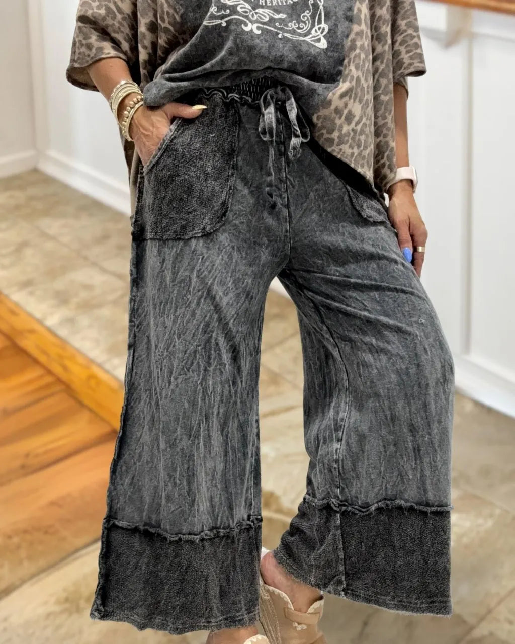 Stylish Washed Patchwork Wide-leg Pants