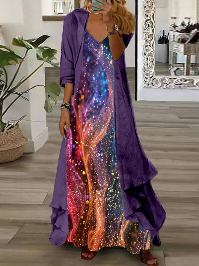 Women's Long Sleeve V-neck Graphic Printed Two Pieces Maxi Dress