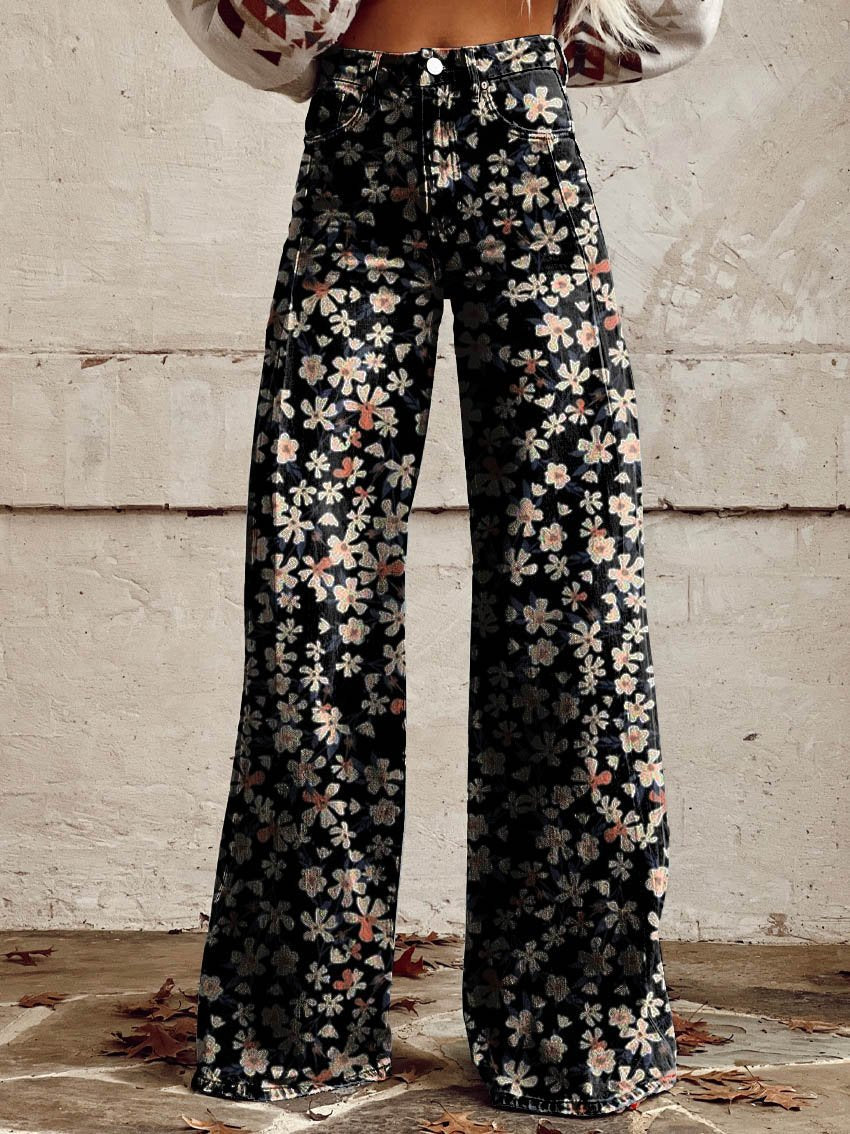 Women's Black Flower Print Casual Wide Leg Pants
