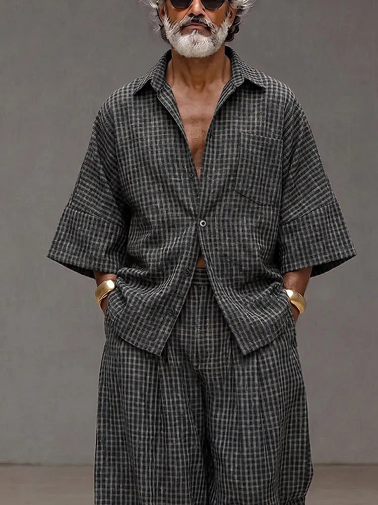 Vintage Loose Plaid Shirt and Wide-Leg Pants Set