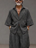 Vintage Loose Plaid Shirt and Wide-Leg Pants Set