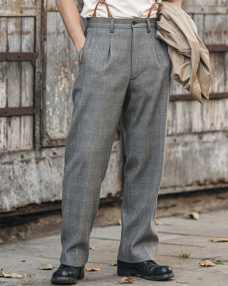 Vintage Gray Prince Of Wales Check Straight Leg Casual Trousers