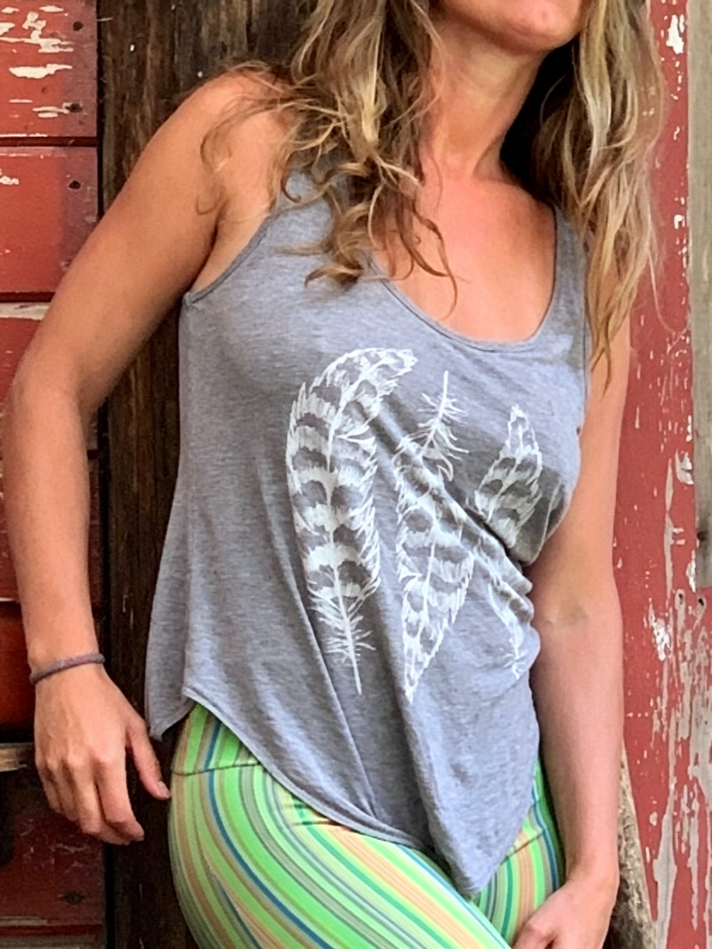 Asymmetric Tank Top with Hand-Painted Feather Pattern
