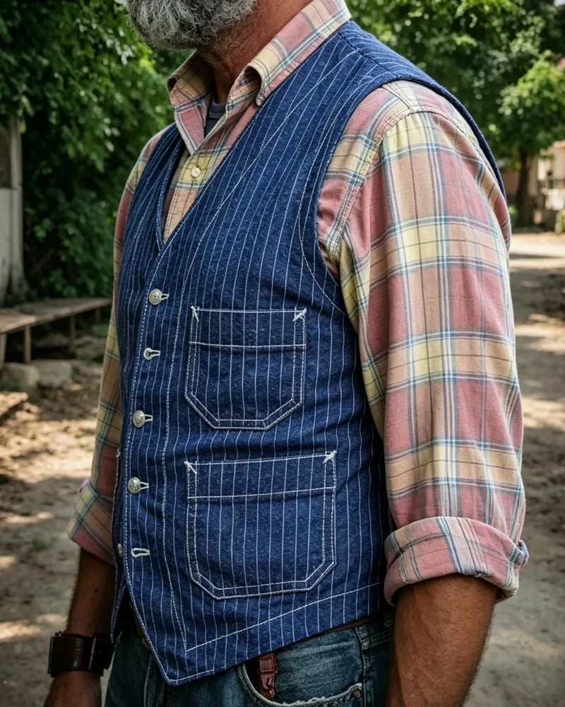 Vintage Striped Denim Cargo Vest