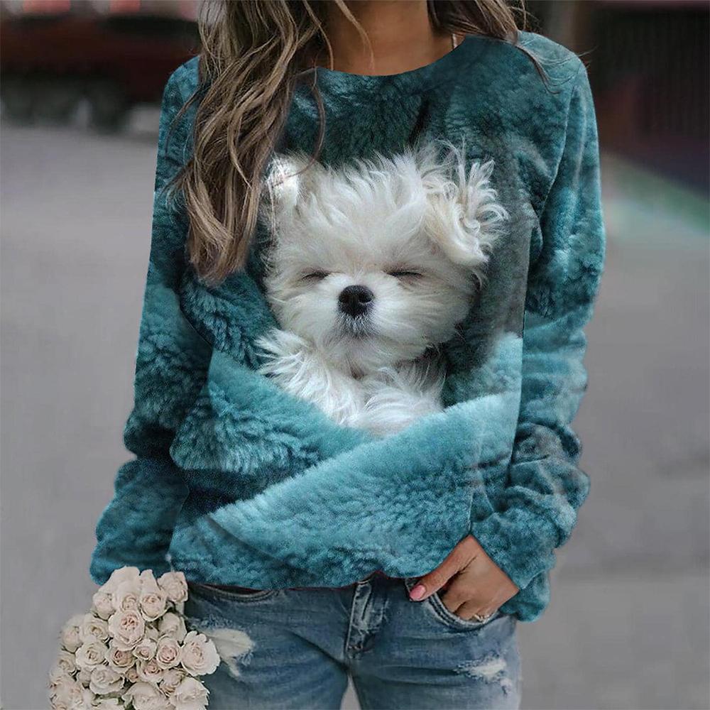 Puppy Print Women's Long Sleeve T-shirt Casual Cotton Street Clothing