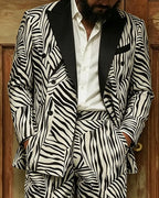 Retro Black And White Color-blocked Zebra Print Double-breasted 2-piece Suit