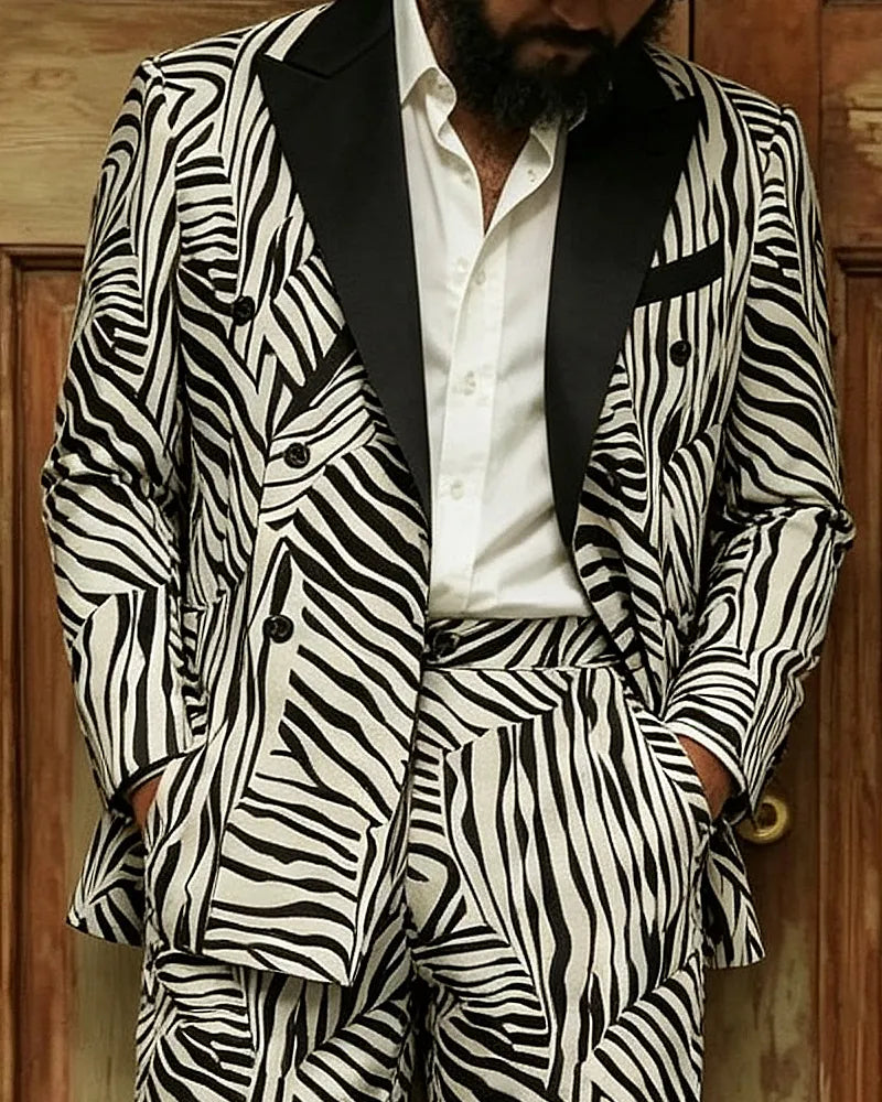 Retro Black And White Color-blocked Zebra Print Double-breasted 2-piece Suit