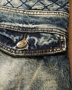 Vintage Faded Blue Gray Diamond Quilted Panel Biker Style Jeans