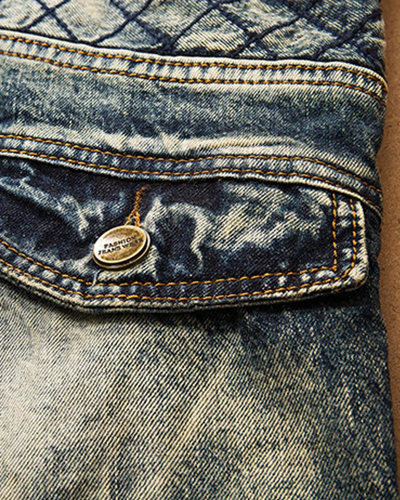 Vintage Faded Blue Gray Diamond Quilted Panel Biker Style Jeans