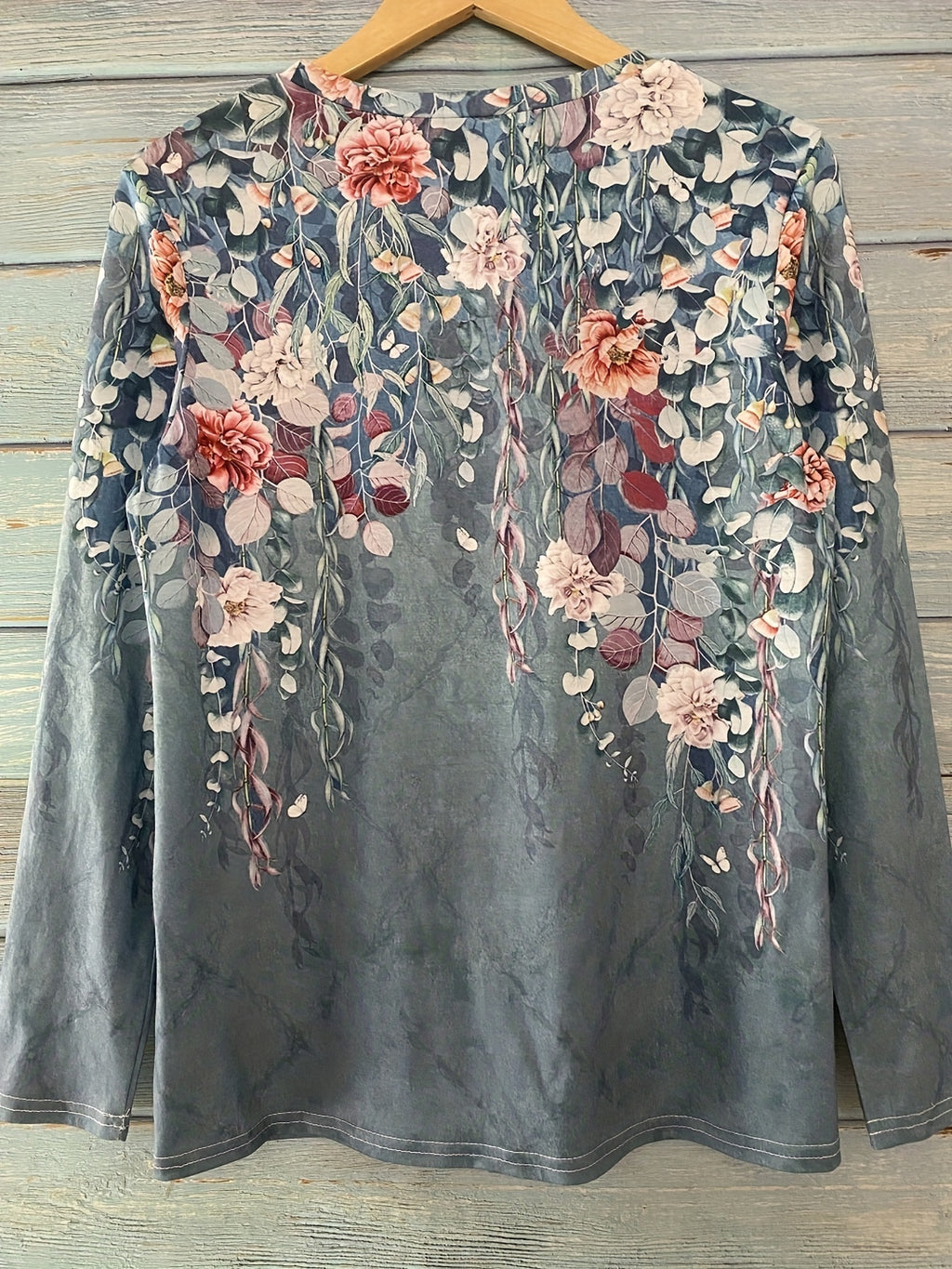 Floral Print Crew Neck T-Shirt, Casual Long Sleeve T-Shirt For Spring & Fall, Women's Clothing