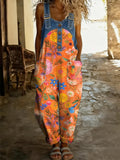 Women's Retro Floral Color-Blocked Art Print Washed Cotton Denim Patchwork Jumpsuit